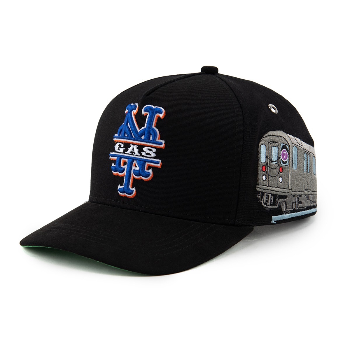 GAS NYC black cap with blue interlocking NY GAS monogram and embroidered 7 train subway car on the side panel
