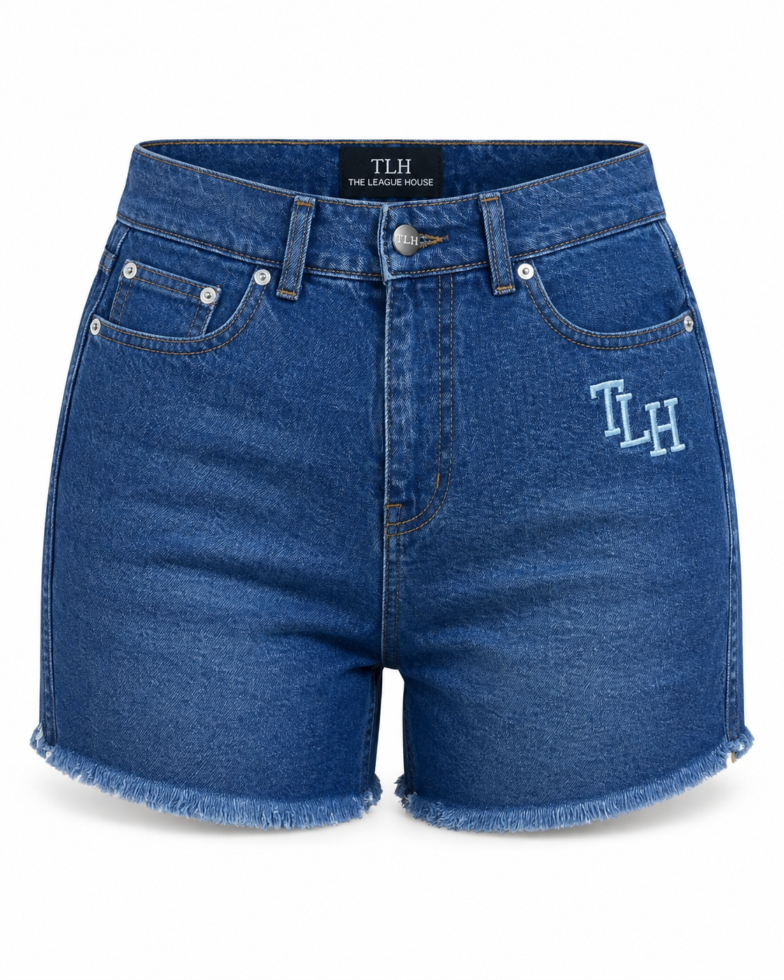 TLH Women's Denim Shorts with embroidered TLH monogram and raw frayed hem