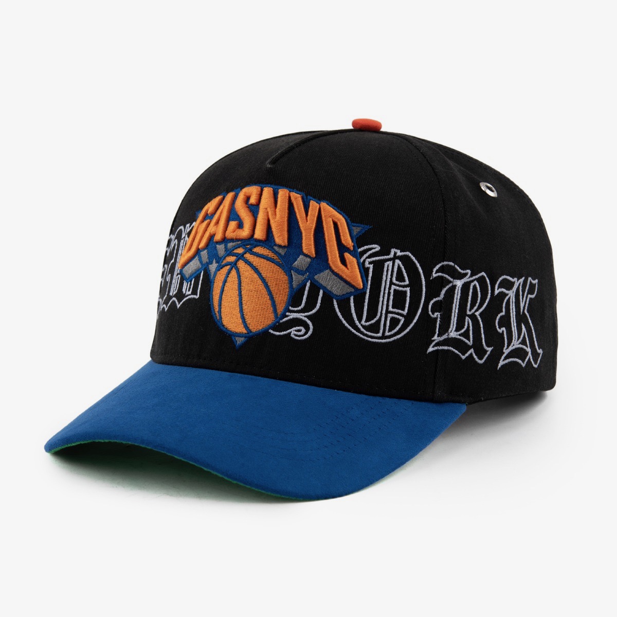 GAS NYC black cap with orange and blue GASNYC basketball arch embroidery, blackletter New York side lettering and blue suede brim