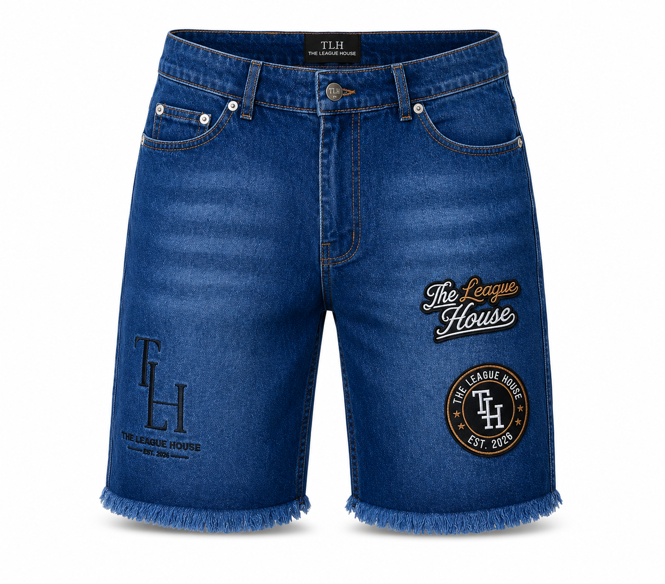 TLH Men's Denim Shorts, front view with The League House script patch, TLH crest patch and embroidered TLH monogram