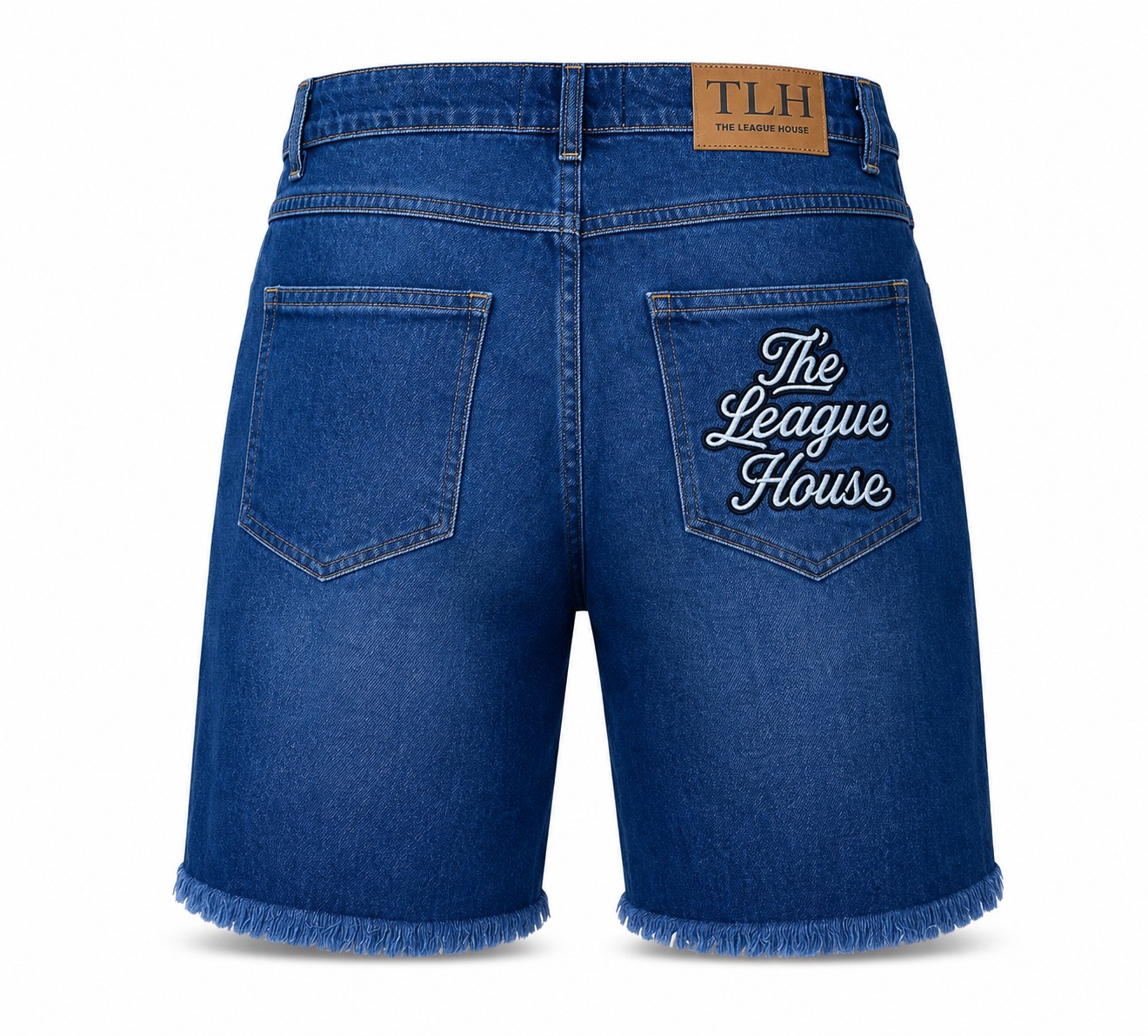 TLH Men's Denim Shorts, back view with The League House script embroidery on the pocket and TLH leather patch