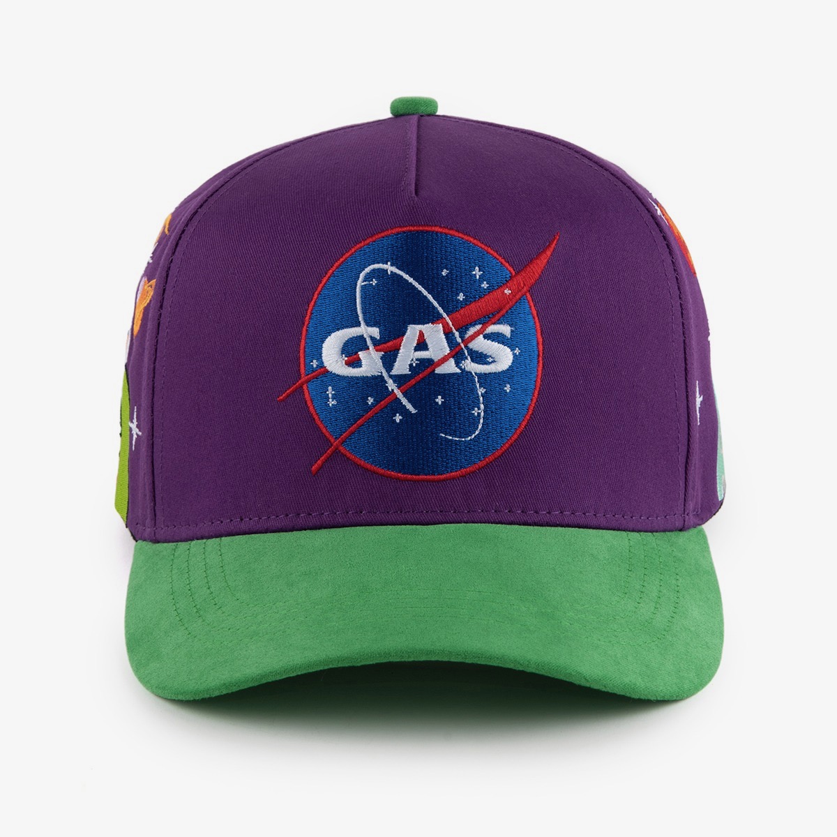 GAS NYC purple cap with blue and red GAS space program roundel embroidery and green suede brim