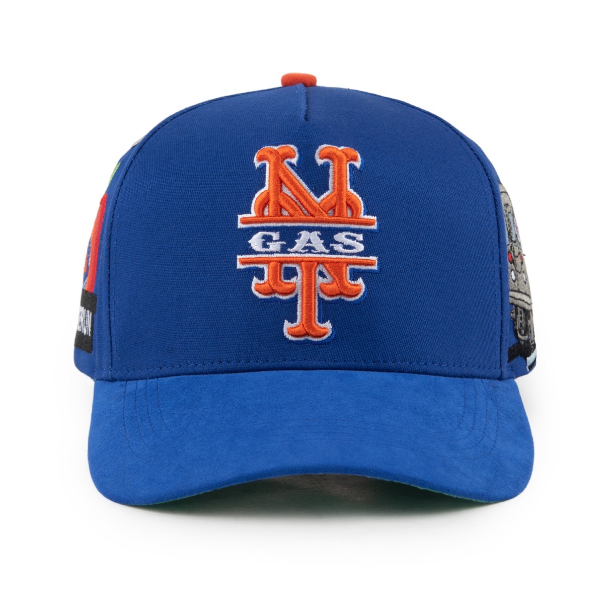 GAS NYC royal blue cap with orange interlocking NY GAS monogram embroidery and blue suede brim
