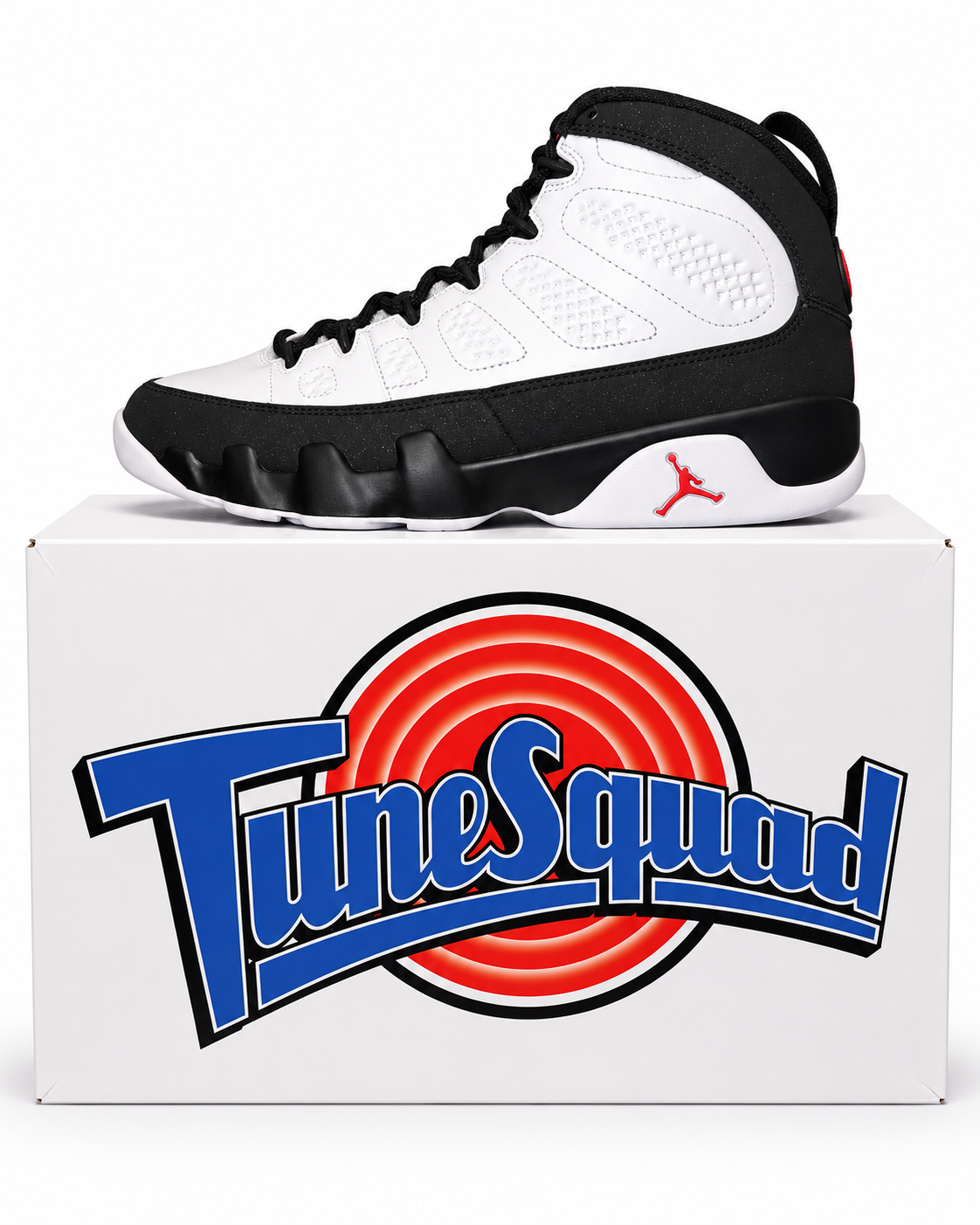 Jordan 9 Retro OG Space Jam sneaker displayed on its Tune Squad shoebox