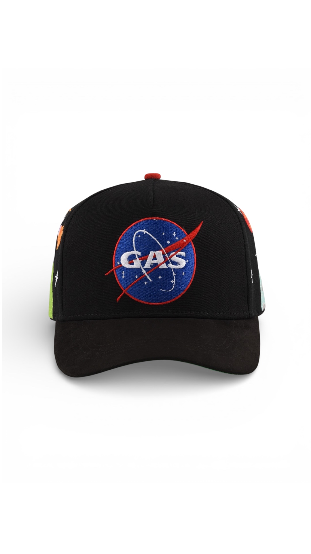 GAS NYC black cap with blue and red GAS space program roundel embroidery and black suede brim