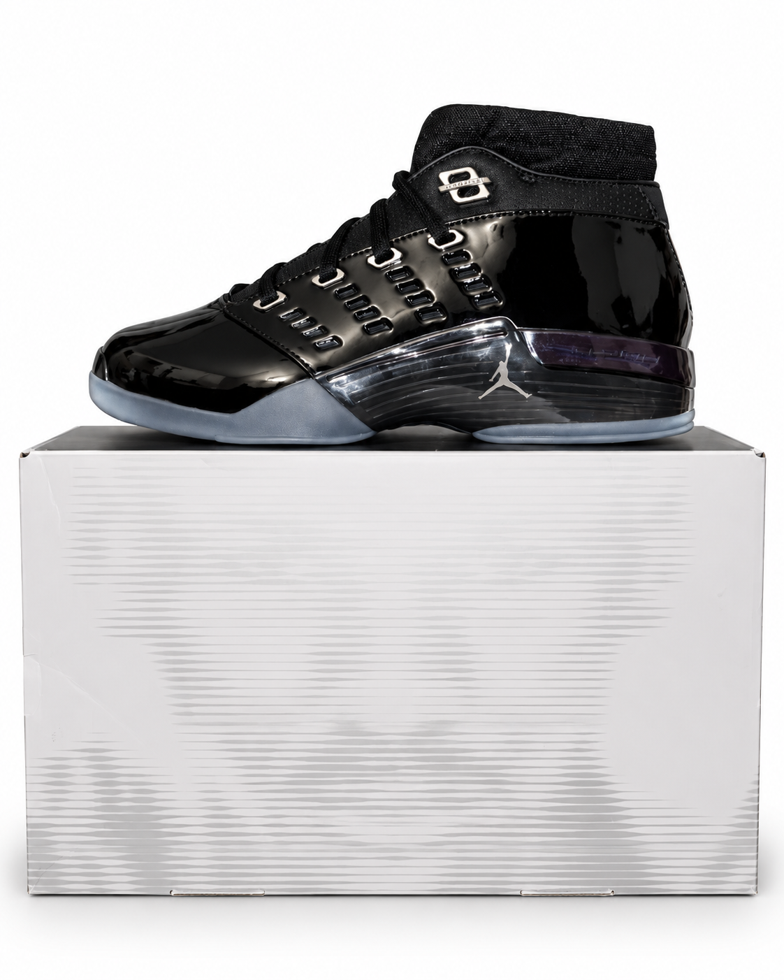 Jordan 17 Low Black Patent sneaker displayed on its shoebox